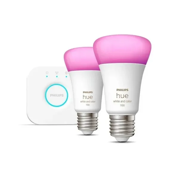 Philips Hue Color startsæt - 2× E27-pærer + Hue Bridge